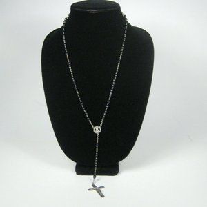 Madonna Rosary 29 In Silvertone Cross Black Beads Italy Crucifix Silver Jesus